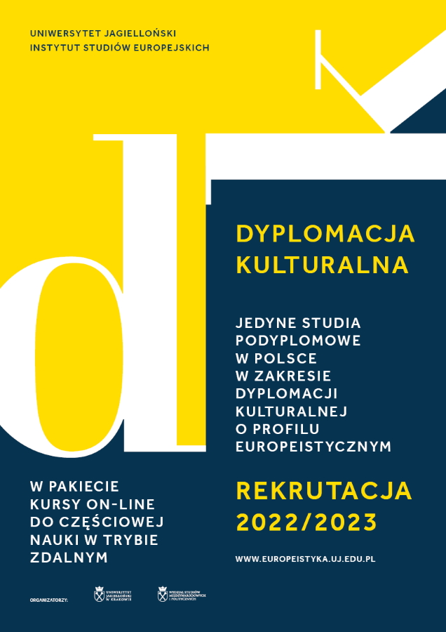 żółto niebieski plakat rekrutacji na studia podyplomowe dyplomacja kulturalna