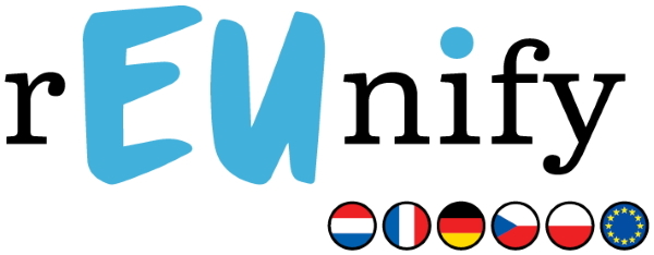 logo reunify na białym tle, pod spodem flagi europejskie i flaga ue