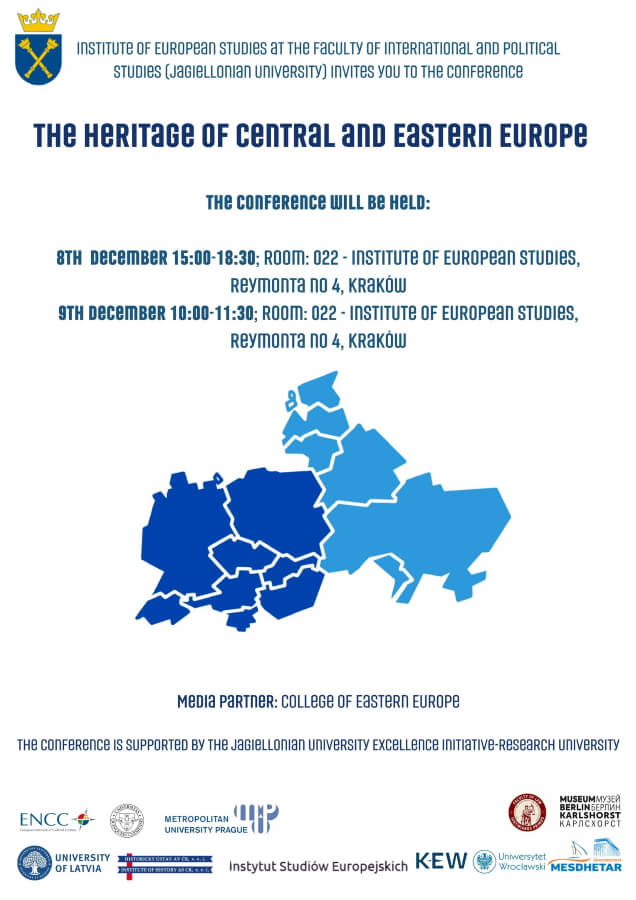 plakat z informacjami o dacie i godzinie konferencji, pod spodem mapa części Europy i loga partnerów