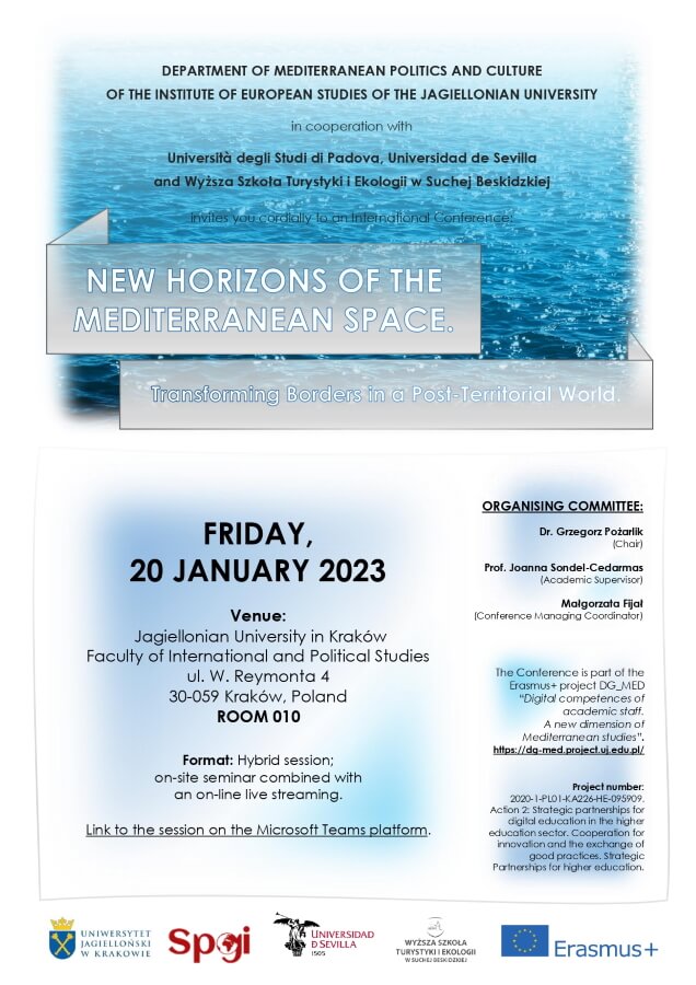 Poster with the details of the conference in English against the background of the sea