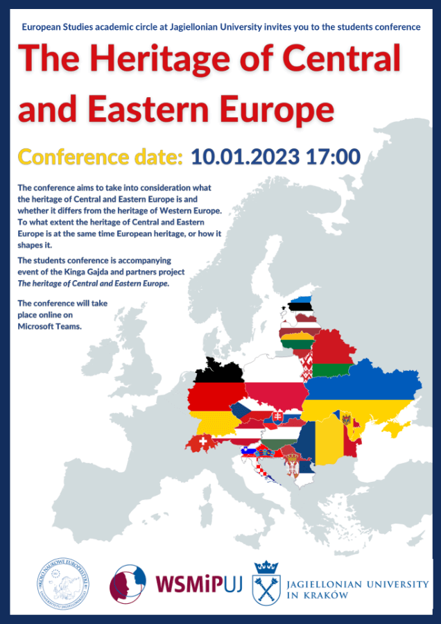 the title and details of the conference against the background of the map of Europe under the logo of the academic circle, faculty of SMiP and the Jagiellonian University