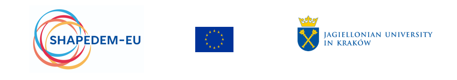 okrągłe niebiesko czerwono pomarańczowe logo shapedem-eu, niebieska flaga unii europejskiej z żółtymi gwiazdami, żółto niebieskie logo uniwersytetu jagiellońskiego