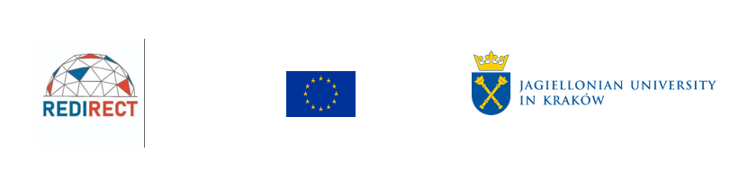 czerwono niebieskie logo direct niebieska flaga unii europejskiej z żółtymi gwiazdami, żółto niebieskie logo uniwersytetu jagiellońskiego